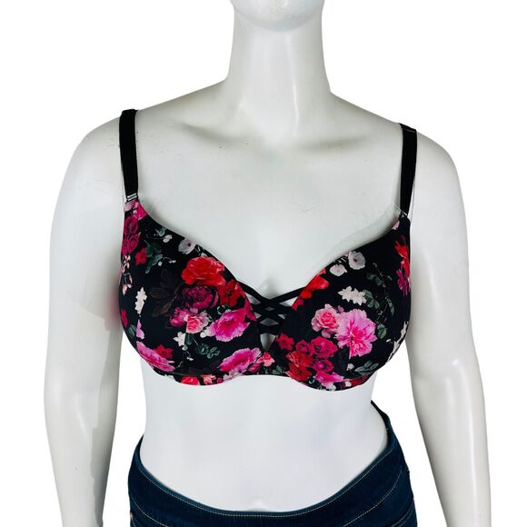 New Torrid Womans Sz 40DDD Push Up Plunge Bra Floral Underwire Black Pink NWT - Picture 5 of 11